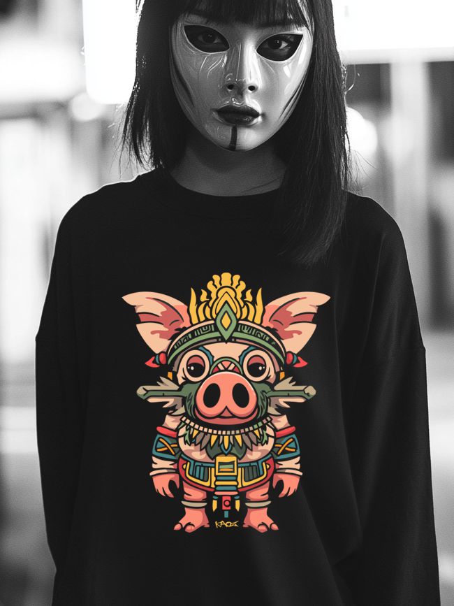 A person wearing a black long-sleeve shirt with a colorful cartoon pig design, featuring expressive eyes and tribal maya aztek accessories, alongside a stylized mask with a white face and black features.