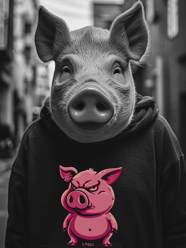Person in hooded sweatshirt featuring a colorful cartoon pig design, wearing a realistic pig mask, set against a slightly blurred urban background in black and white.