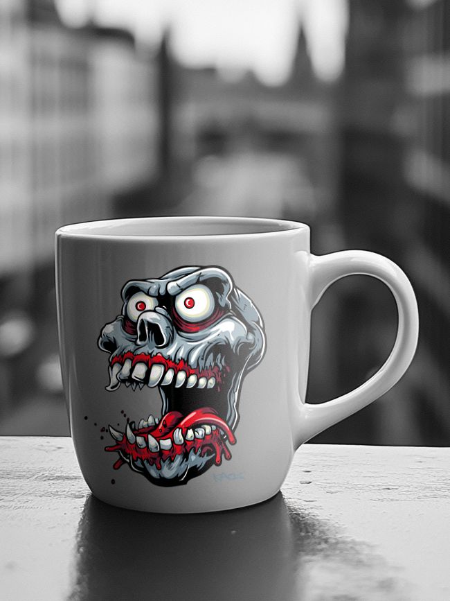 White coffee mug featuring a graphic design of a zombie skull with large eyes, sharp teeth, and blood dripping from its mouth, set against a blurred urban background.