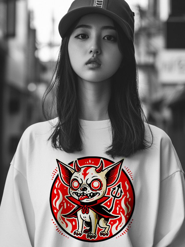 A young woman with long black hair, wearing a gray baseball cap and a white sweatshirt featuring a colorful graphic of a cartoon dog dressed as a devil, against a blurred urban background.