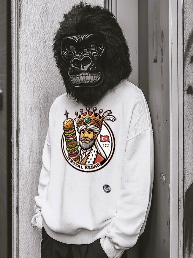 A person in a white sweatshirt wearing a colorful t-shirt with a cartoon king holding a kebab, complemented by a gorilla mask in an urban setting.