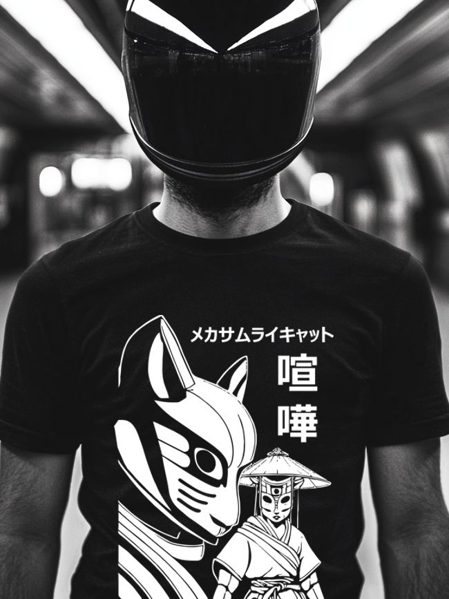 Person wearing a black helmet and monochrome t-shirt with stylized cat and traditional figure designs, featuring Japanese text