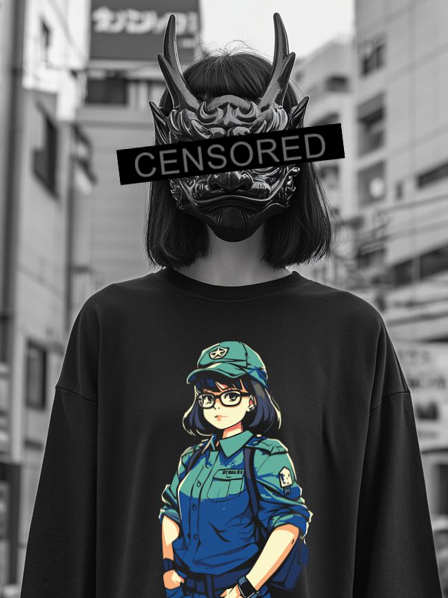 Person in urban setting wearing a black oversized t-shirt with colorful animated character in blue uniform and glasses, partially obscured face with dragon mask and 'CENSORED' stripe.