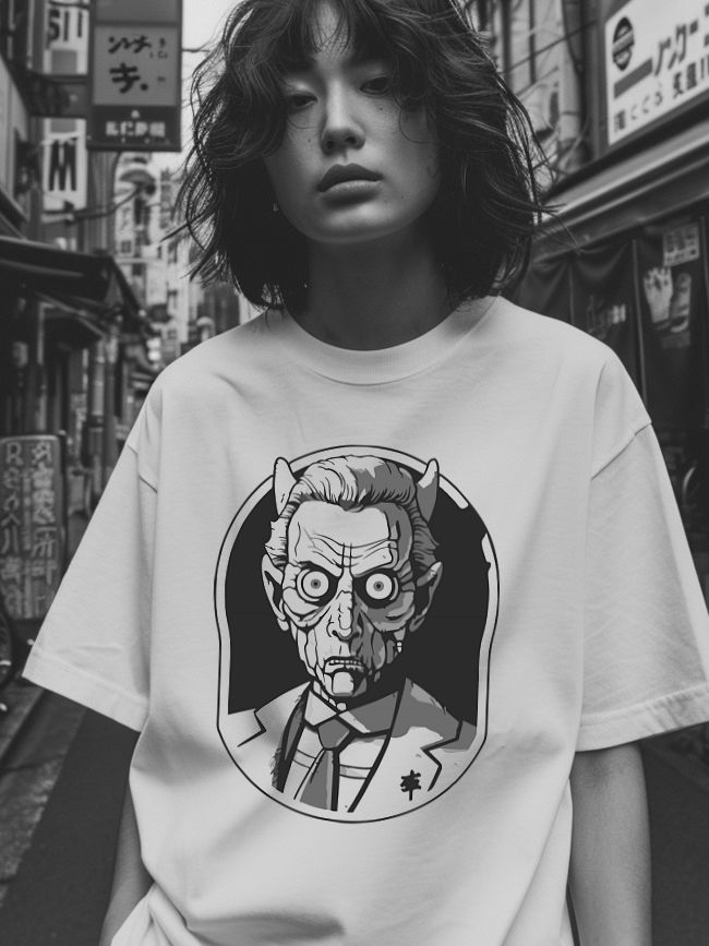 A young person with curly hair wearing an oversized white t-shirt featuring a striking graphic design of a menacing princbal of school with horns, standing in a narrow urban street filled with Japanese signs. The image is presented in black and white for dramatic effect.