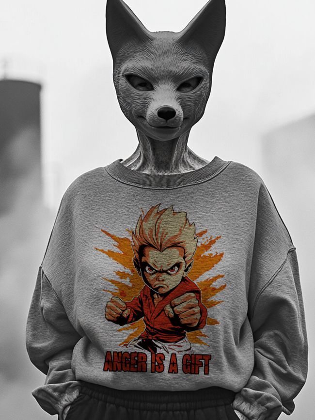 A figure wearing a fox-shaped mask and oversized gray sweatshirt featuring an angry cartoon character with the words 'ANGER IS A GIFT' in bold typography, set against a blurred urban background.