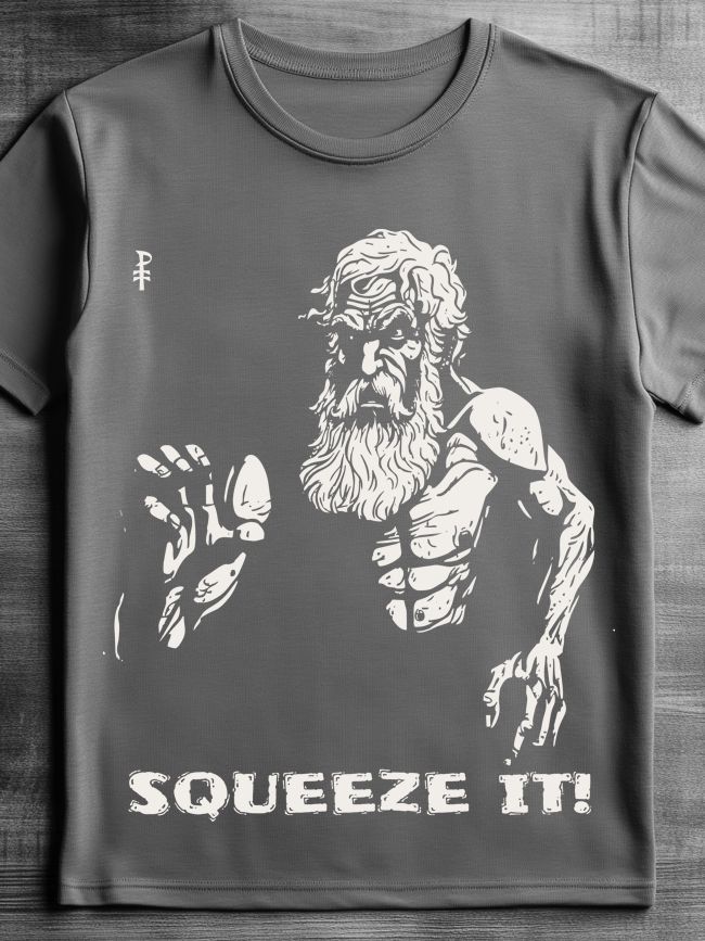 Gray t-shirt featuring a whimsical graphic design of a muscular, bearded figure in motion, gesturing with one hand while the other is palm-up, with the text 'SQUEEZE IT!' printed below in white.