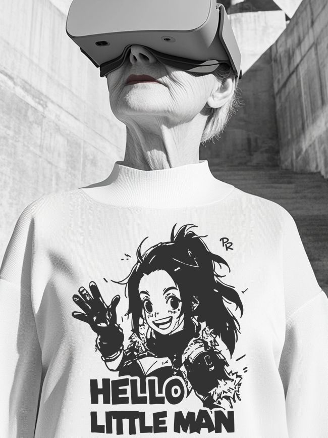An older woman wearing a virtual reality headset and a playful sweatshirt with a cartoon character in an urban setting, showcasing the blend of age and modern technology.