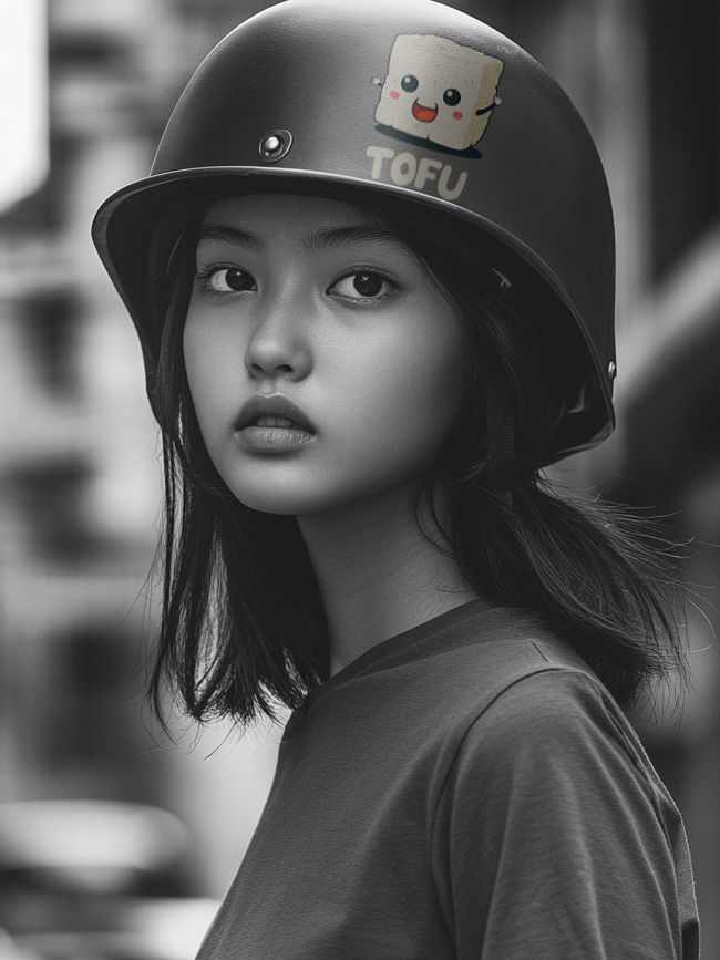 Profile view of a young woman wearing a black helmet with a tofu character and the word 'TOFU' in a black and white urban setting.