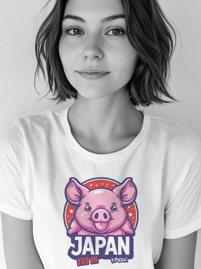 A young woman with short wavy hair stands against a neutral background, showcasing a white t-shirt with a colorful cartoon pig design that says 'JAPAN FAT IN'.