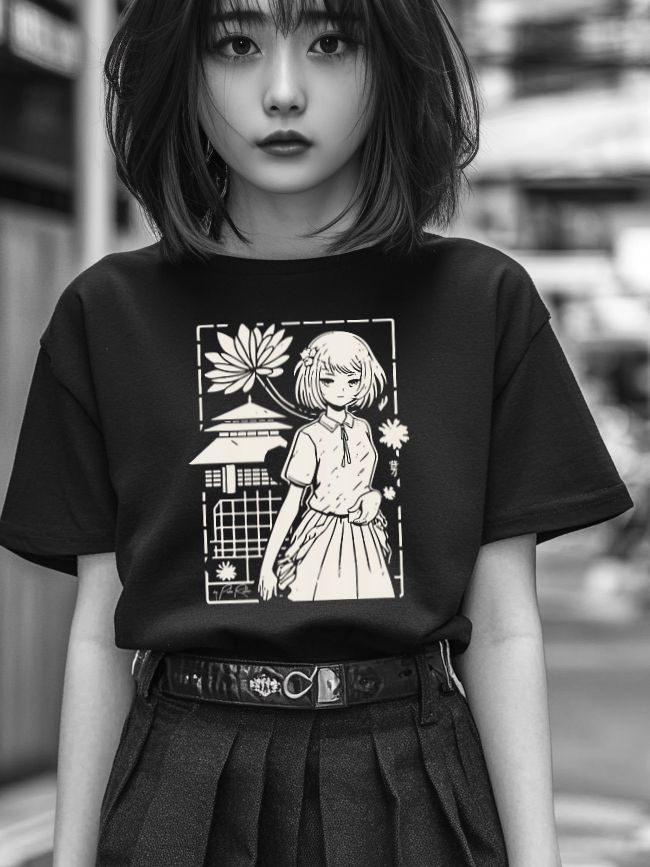 A young woman in a black t-shirt with a graphic illustration of a character surrounded by floral patterns, paired with a high-waisted skirt, standing confidently in an urban setting, captured in black and white.