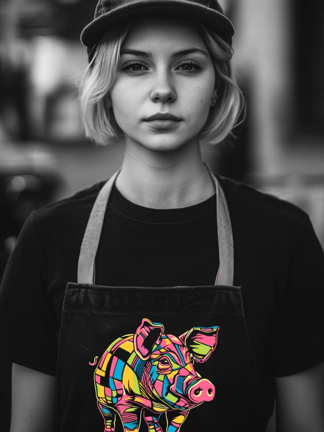 A serious young woman with short blonde hair wearing a black t-shirt and dark cap, looking directly at the camera. Her colorful apron features a bright patchwork design of a pig, set against a blurred background.