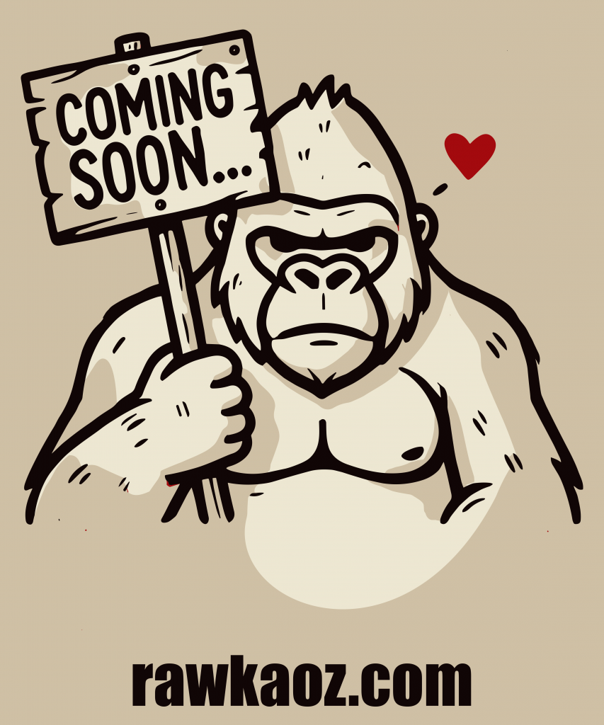 A bold illustrated gorilla holding a "Coming Soon" sign with a red heart, representing the upcoming launch of Raw Kaoz, a wild and streetwise urban clothing brand.