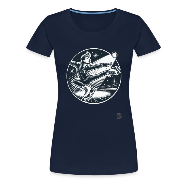 Navy blue women's t-shirt featuring a graphic design of a young person in a skating pose, with circular elements and stars in the background.