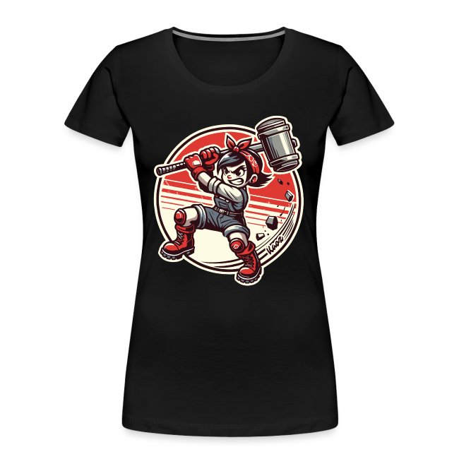 Black t-shirt with vibrant graphic design of a character in a dynamic pose wielding a large hammer, wearing a headband and casual outfit with red accents