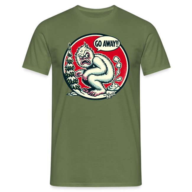 Green t-shirt featuring a cartoon yeti illustration with annoyed expression and 'GO AWAY!!' text, surrounded by a red and black circular backdrop.