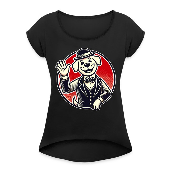 Black t-shirt featuring a playful dog in a bow tie and top hat, waving against a red gradient background.