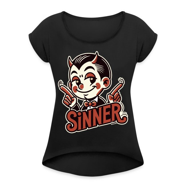 Black t-shirt featuring a playful cartoon character with horns and a bow tie, pointing with both hands, surrounded by the bold word 'SINNER' in a vibrant font.