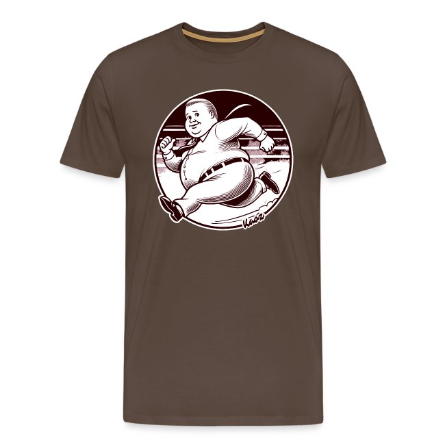 Brown t-shirt featuring a cheerful, chubby cartoon character mid-stride with an enthusiastic expression, highlighted by a circular border
