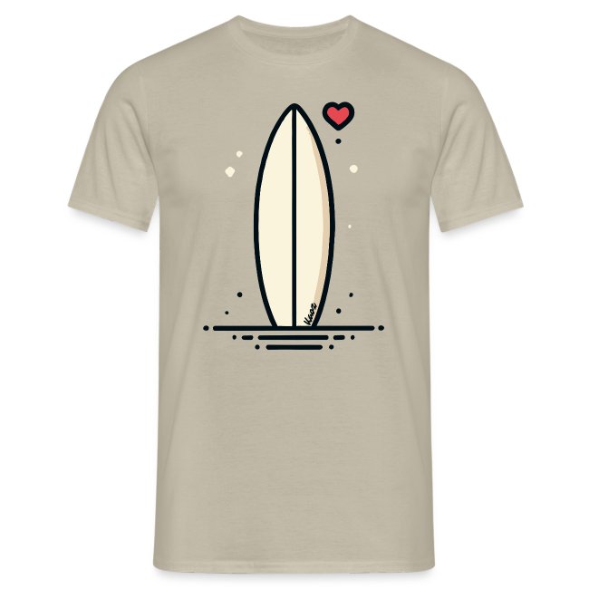 Light beige t-shirt featuring a playful surfboard graphic design with a red heart, perfect for beach and surf enthusiasts