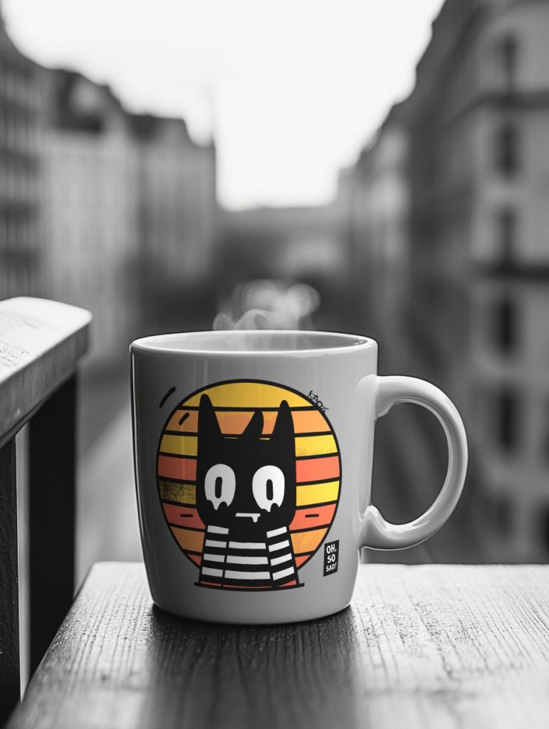 White ceramic mug featuring a cartoon black cat with wide eyes and a surprised expression on a sunset background of orange and yellow stripes, placed on a wooden surface with a blurred urban street in the background.