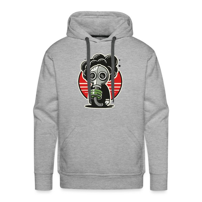 Gray hoodie featuring a cartoonish figure with large eyes and curly hair, wearing a gas mask and holding a green object, set against a background of horizontal red stripes.