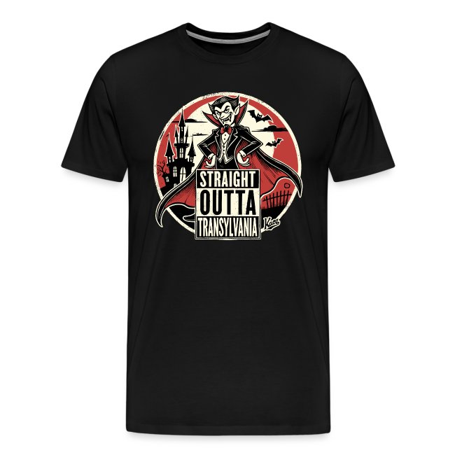 A black t-shirt featuring a whimsical vampire in a formal coat and cape, set against a red circular background with a haunted castle silhouette and bats, captioned 'STRAIGHT OUTTA TRANSYLVANIA'.