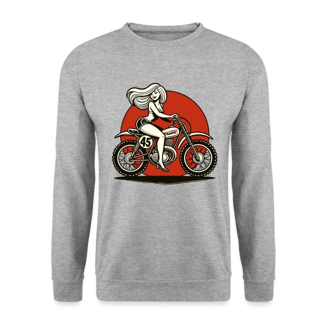 Gray sweatshirt featuring a retro graphic design of a woman riding a classic motorcycle against a bold red circle, embodying vintage motorbike culture.