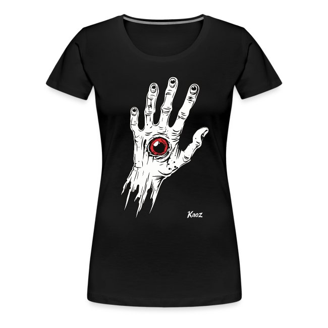 Fitted black women's t-shirt featuring a detailed white illustration of a skeletal hand with a red eye in the palm, designed by Kaoz.
