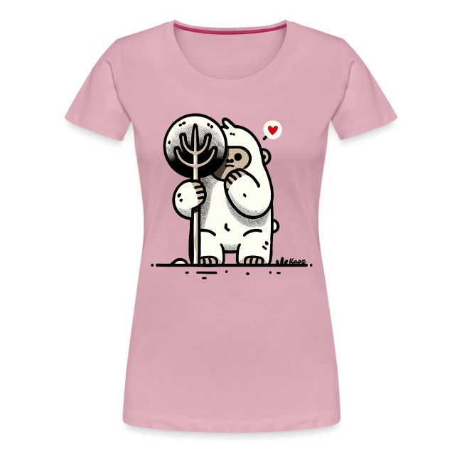 Light pink T-shirt featuring a cute cartoon yeti character playfully holding a fork-shaped lollipop and covering its mouth, perfect for casual wear.