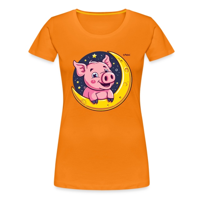 Orange T-shirt featuring a cute pink pig sitting on a crescent moon, surrounded by stars in a night sky.
