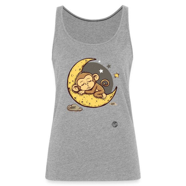 Gray tank top featuring a playful design of a sleeping monkey on a crescent moon surrounded by stars in a dark sky.