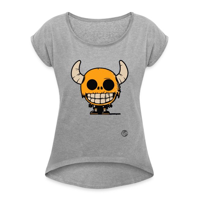 Gray short-sleeve t-shirt featuring a playful cartoon character with an orange skull and horns, designed for casual wear.