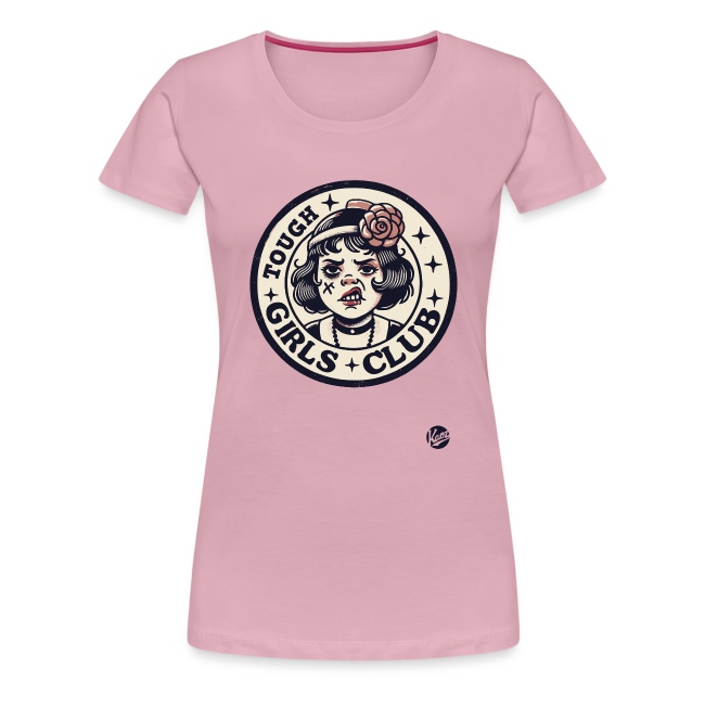 Stylish pink T-shirt featuring a circular graphic that says 'TOUGH GIRLS CLUB' with an illustration of a bold girl with dark hair and a flower. Perfect for casual wear.