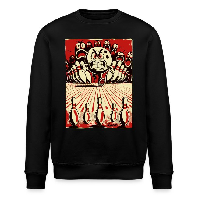 Black sweatshirt with a bold graphic of a cartoon character charging down a bowling lane, arms raised in excitement, surrounded by shocked bowling pins, showcasing a fun take on bowling culture.