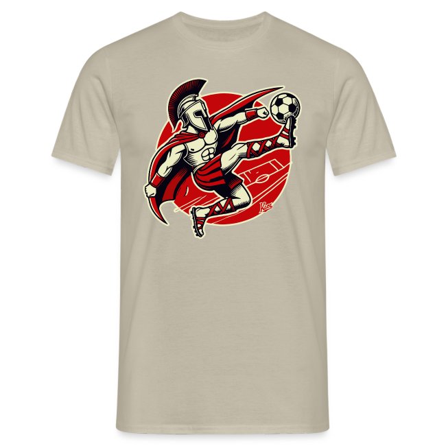 Beige T-shirt featuring a dynamic graphic of a spartan warrior in traditional armor, kicking a soccer ball against a bold red background