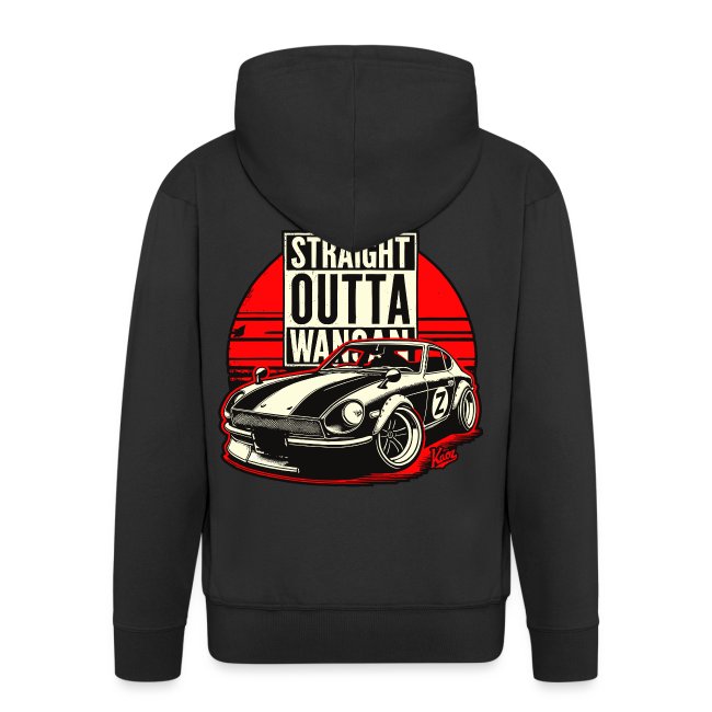 Black hoodie featuring a graphic of a classic sports car with 'STRAIGHT OUTTA WANGAN' text, set against a red and beige circular background. Ideal for automotive enthusiasts.
