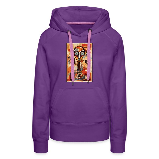 Colorful illustration on a purple hoodie featuring a unique central figure with bright colors against an orange background, perfect for casual and artistic wear.