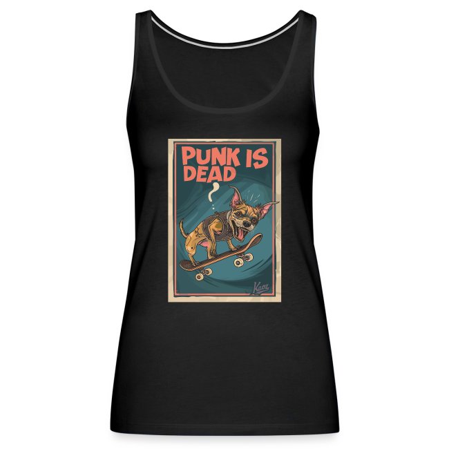 Black tank top featuring a vibrant cartoon dog skateboarding with the text 'PUNK IS DEAD' above, a humorous design for animal lovers and punk culture enthusiasts.