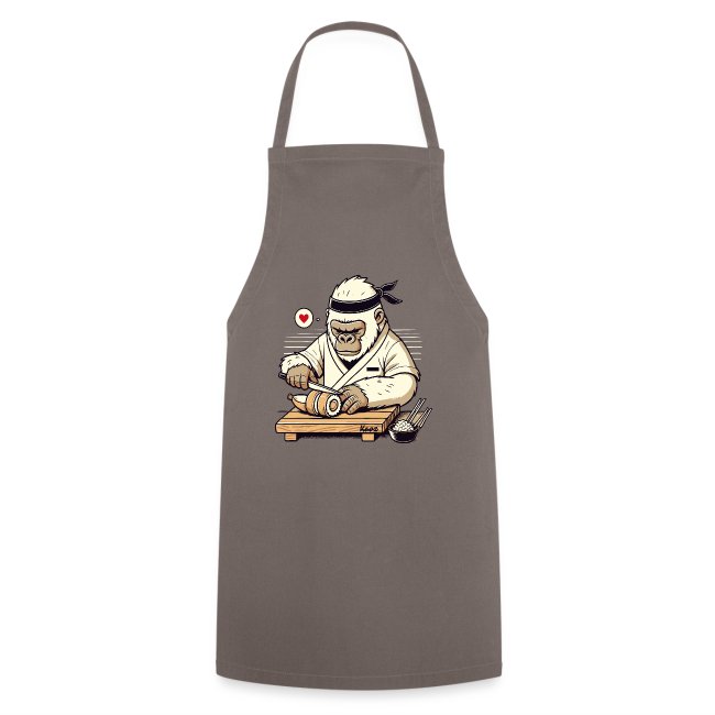 A cartoon gorilla dressed in a white chef's outfit and headband skillfully making sushi on a wooden sushi board, showcasing a delicious sushi roll and surrounded by utensils and a heart symbol, conveying a love for sushi.