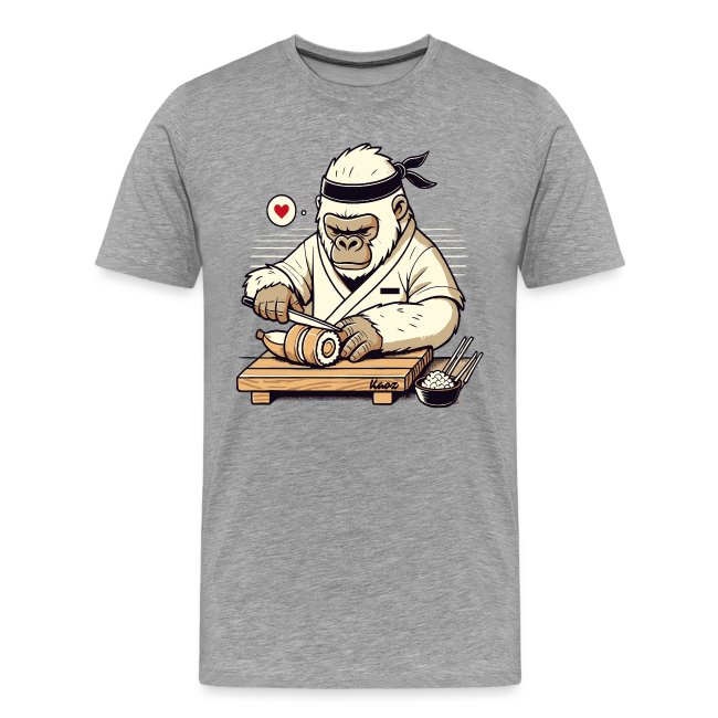 Cartoon gorilla dressed as a sushi chef, skillfully preparing sushi with a knife and cutting board on a gray t-shirt.