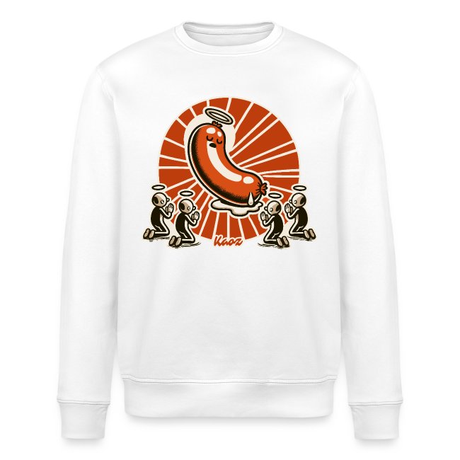 Whimsical graphic sweatshirt featuring a cartoon hot dog with a halo, surrounded by black and white animated characters admiring it against a vibrant orange sunburst background.