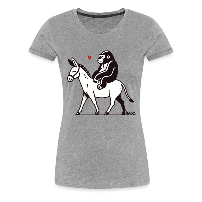 Grey t-shirt featuring a cartoon gorilla sitting on a white donkey with a heart symbol above, expressing a whimsical and humorous style.