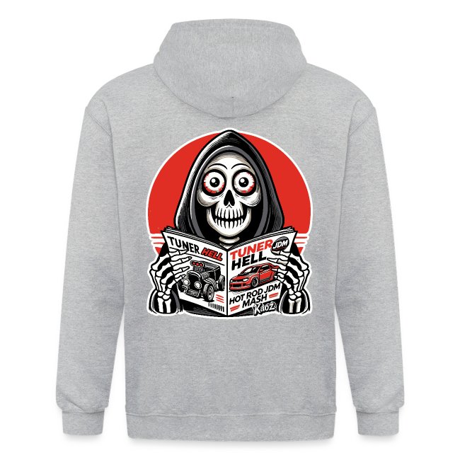 Gray hoodie featuring a skeletal figure in a black hood, holding an open magazine titled 'TUNER HELL' against a vibrant red circle background, showcasing car culture and spooky aesthetics.
