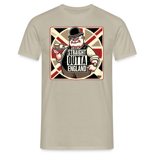 Beige t-shirt featuring a cartoon character in a bowler hat, holding a cup of tea and a scone, with a Union Jack backdrop and the text 'STRAIGHT OUTTA ENGLAND'.