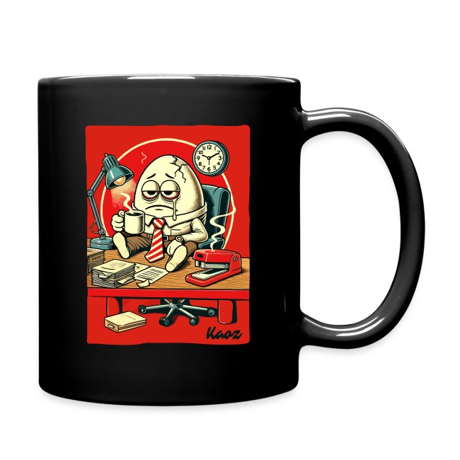 A funny cartoon design on a black mug featuring a tired anthropomorphized egg with a cracked shell, wearing a red and white striped tie, sitting at a cluttered desk with papers and a steaming cup of coffee, against a vibrant red background.