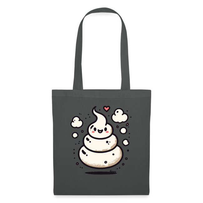 Cartoon character resembling soft serve ice cream on a tote bag with a dark gray background, featuring a smiling face, rosy cheeks, clouds, and a red heart.