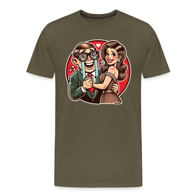 Graphic t-shirt featuring a cartoon couple: a man in oversized goggles and green suit holding hands with a stylishly dressed woman against a vibrant red heart-background circle.
