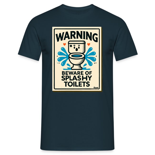 Dark t-shirt with a cartoon toilet design featuring a smiling face and warning text about splashy toilets.