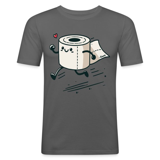 Humorous cartoon-style graphic of a smiling roll of toilet paper running with motion lines and a heart above on a dark gray t-shirt