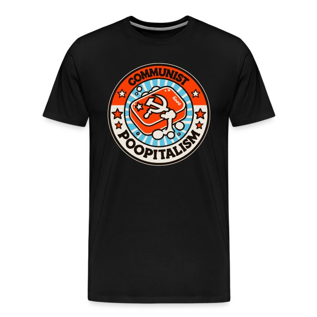 Black t-shirt featuring a circular graphic design with a red communist emblem and playful text 'COMMUNIST POOPITALISM', adorned with blue and orange accents, stars, and bubbles